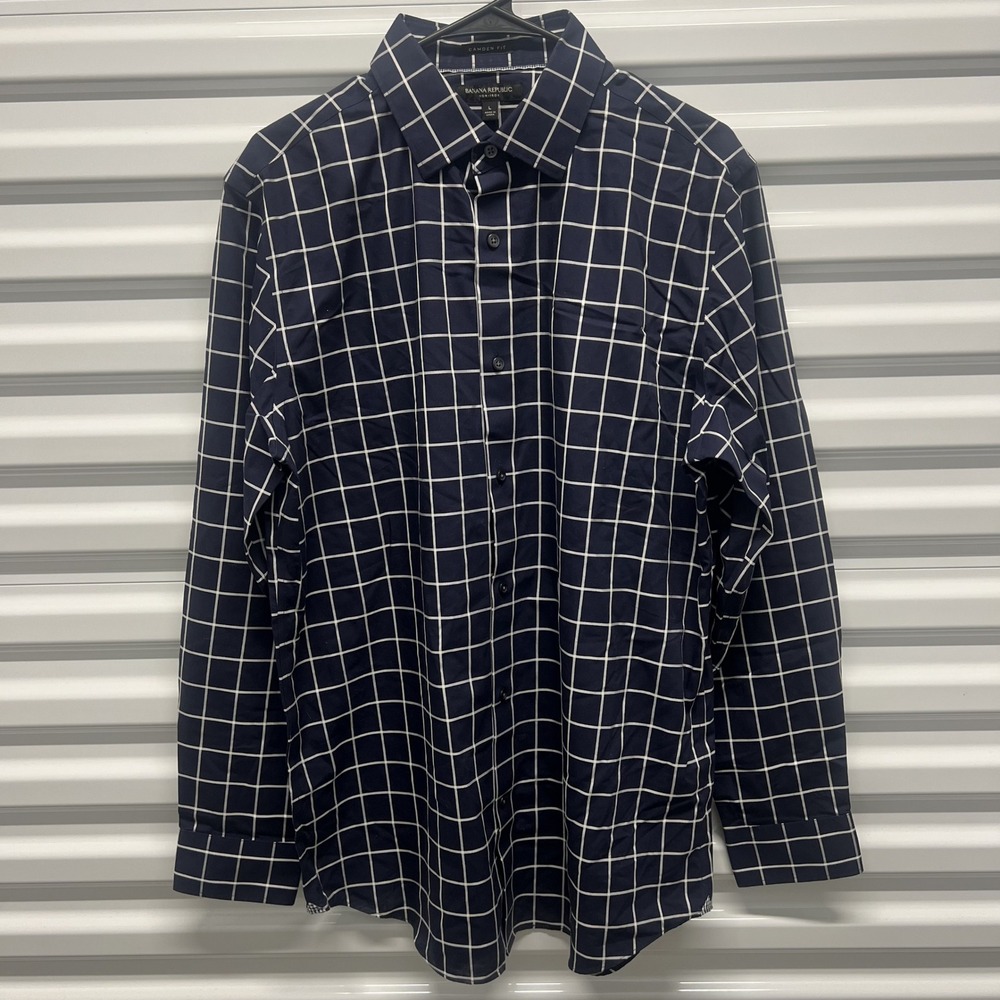 Banana Republic Mens Shirt Large Cotton Navy Blue Windowpane Camden Fit Non-Iron — photo 2